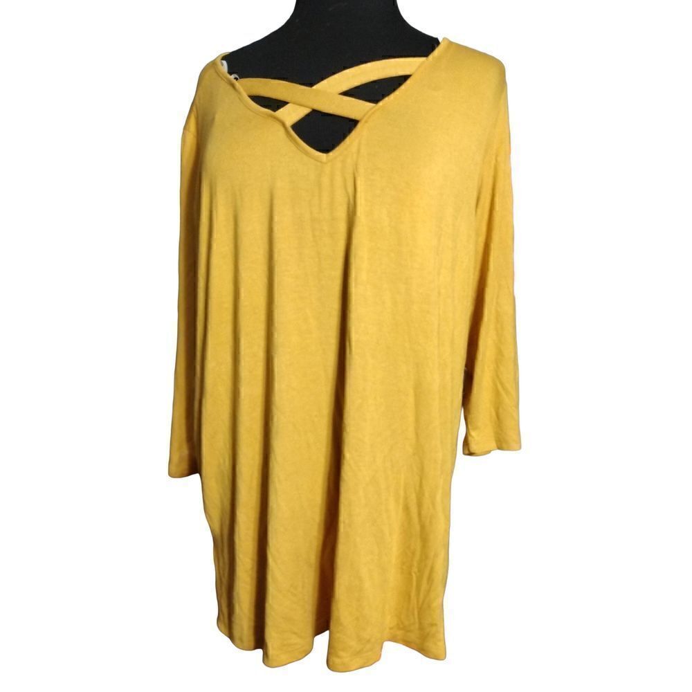 💕Kim & Cami NWOT 2X Yellow 3/4 sleeved, v neck top